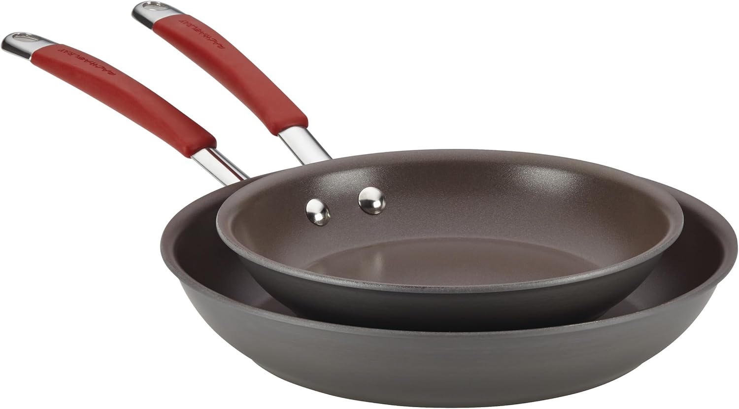 rachael ray 87633 cucina hard anodized nonstick frying pan set / fry pan set / hard anodized skillet set - 9.25 inch and 11.5 inch, gray 9.25 inch and 11.5 inch gray with red handles