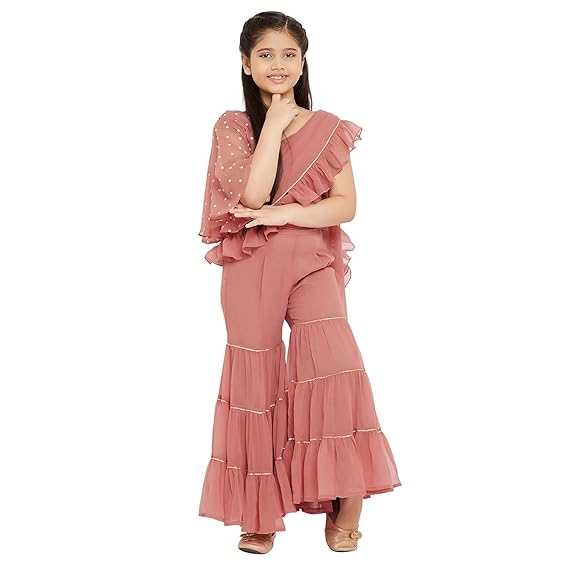 Stylo Bug Girl's Foil work Solid Round Neck Sleeveless Full Long Length Layered Ethnic Wear Top with Sharara