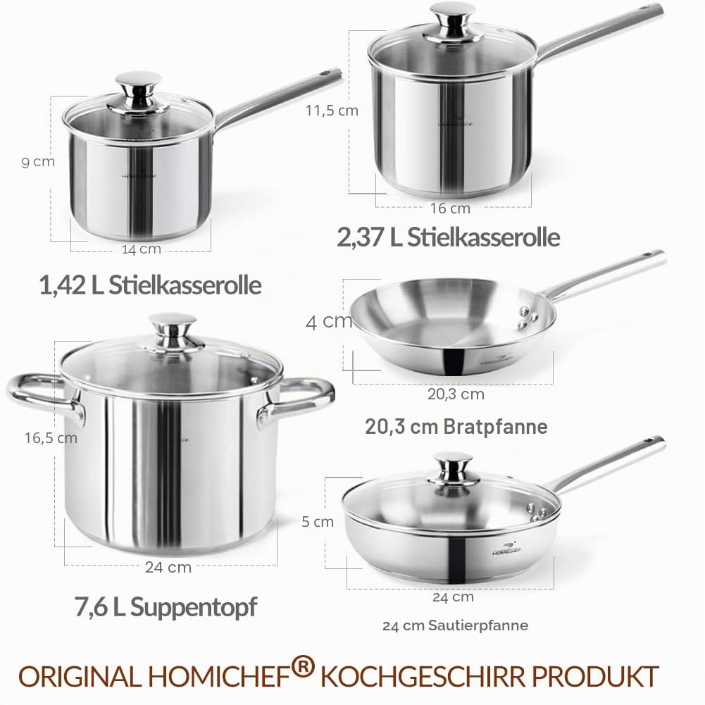 HOMICHEF 14-teiliges Nickelfreies Edelstahl Topfset Induktion - Topf und Pfannen Set mit Glasdeckeln - Gesundes Induktions Ungiftiges Kochgeschirr-Set