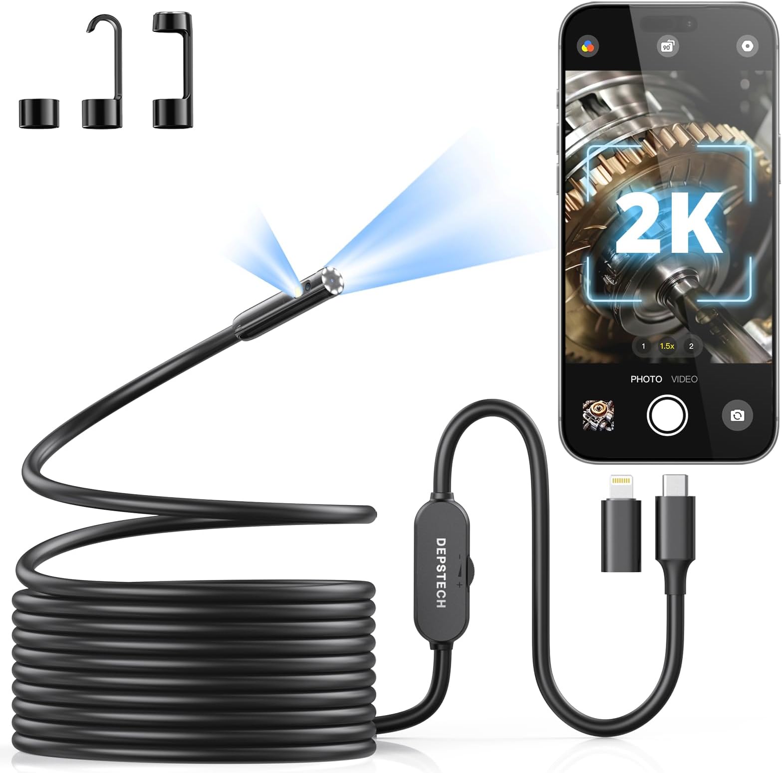 DEPSTECH 2K Endoscope Camera with Light: 2560P QHD Dual Lens Inspection Borescope with 16.5FT Snake Cable for iPhone & Android, Industrial Scope Automotive Tools for Sewer, HVAC, Plumbing, Mechanic