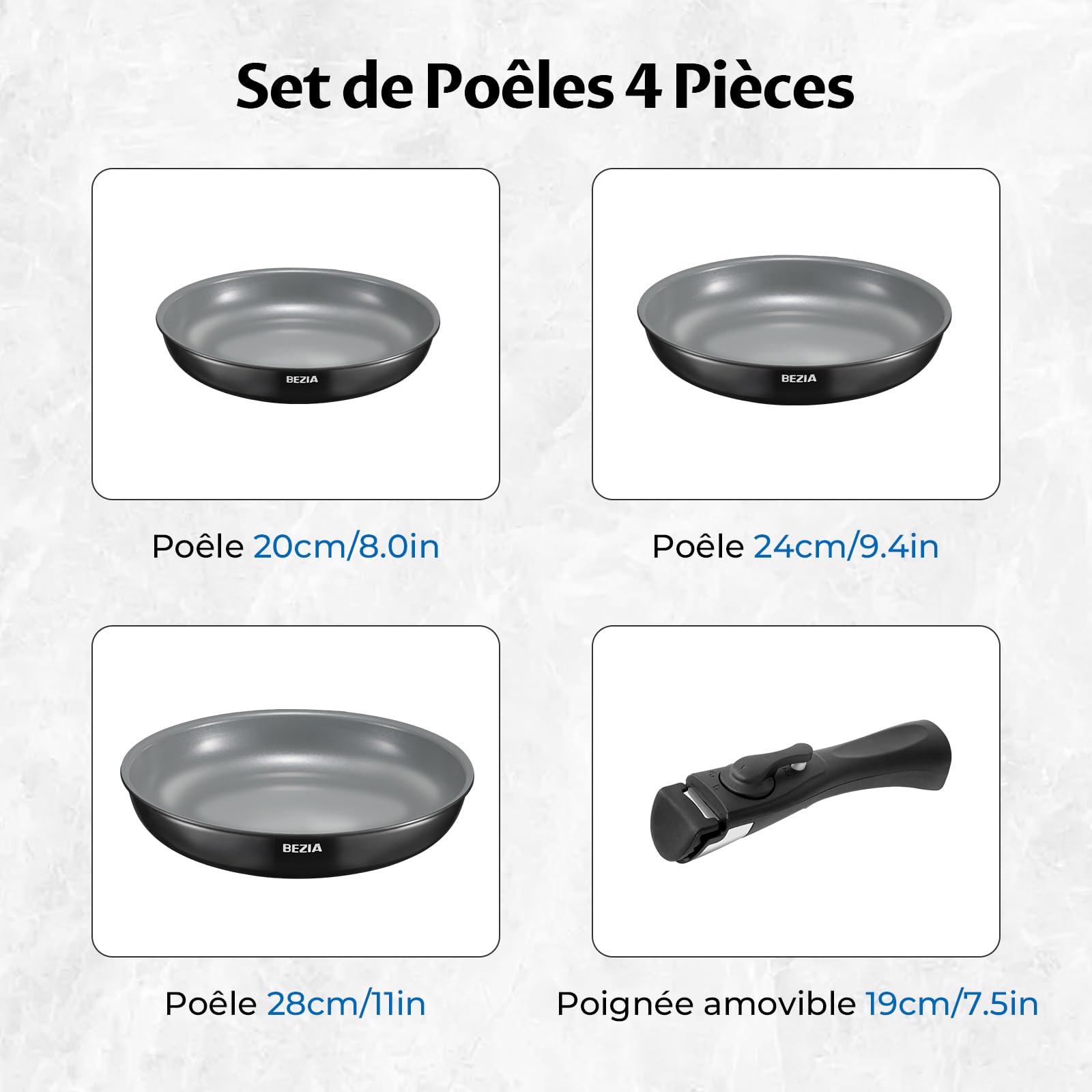 BEZIA Lot de 3 Poêles Induction Céramique Antiadhésif sans PFAS, Poignée Amovible avec Verrouillage Renforcé, Compact Empilable 20/24/28 cm, Tous Feux, Facile à Nettoyer