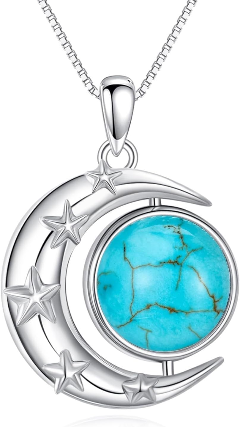 Genuine Turquoise Moon Rotatable Pendant Necklace, Sterling Silver Native American Western Jewelry Birthdays Gift for Women