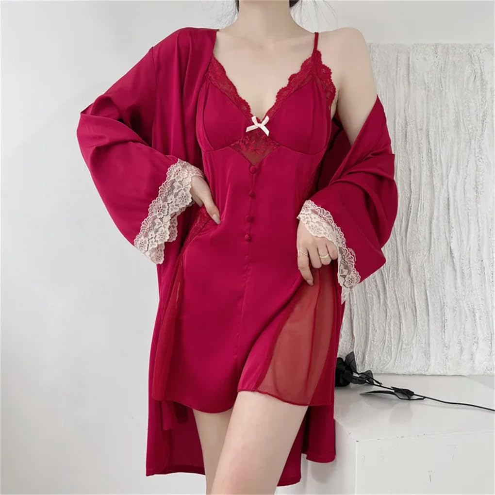 Fulbant Women'S Solid Two Pieces Robe Gown Sets Silk Satin Lace Nightgowns Lingerie Suits