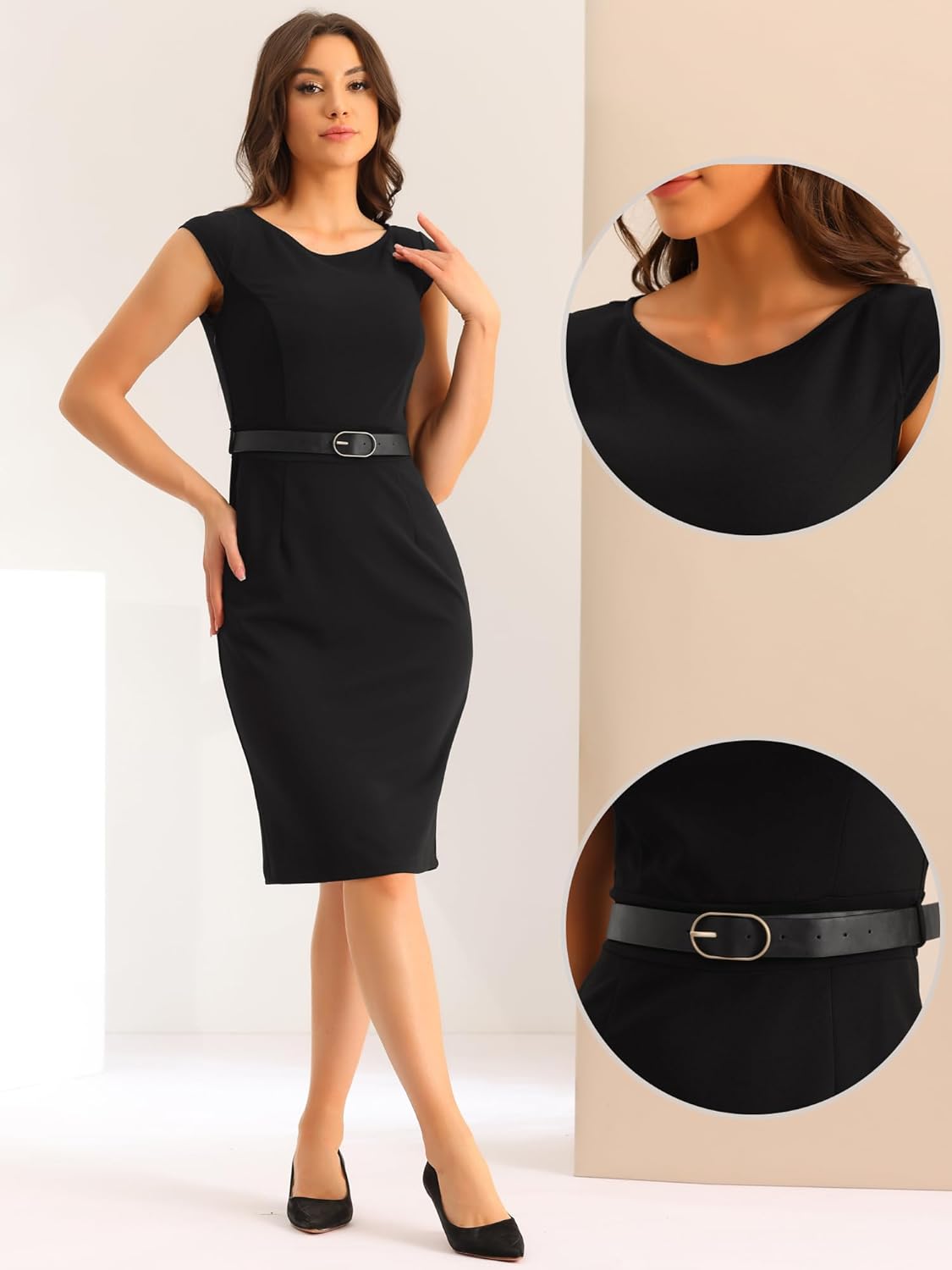 Allegra K Business Casual Dress for Women's Cap Sleeve Boat Neck Belted Pencil Dress - Image 4