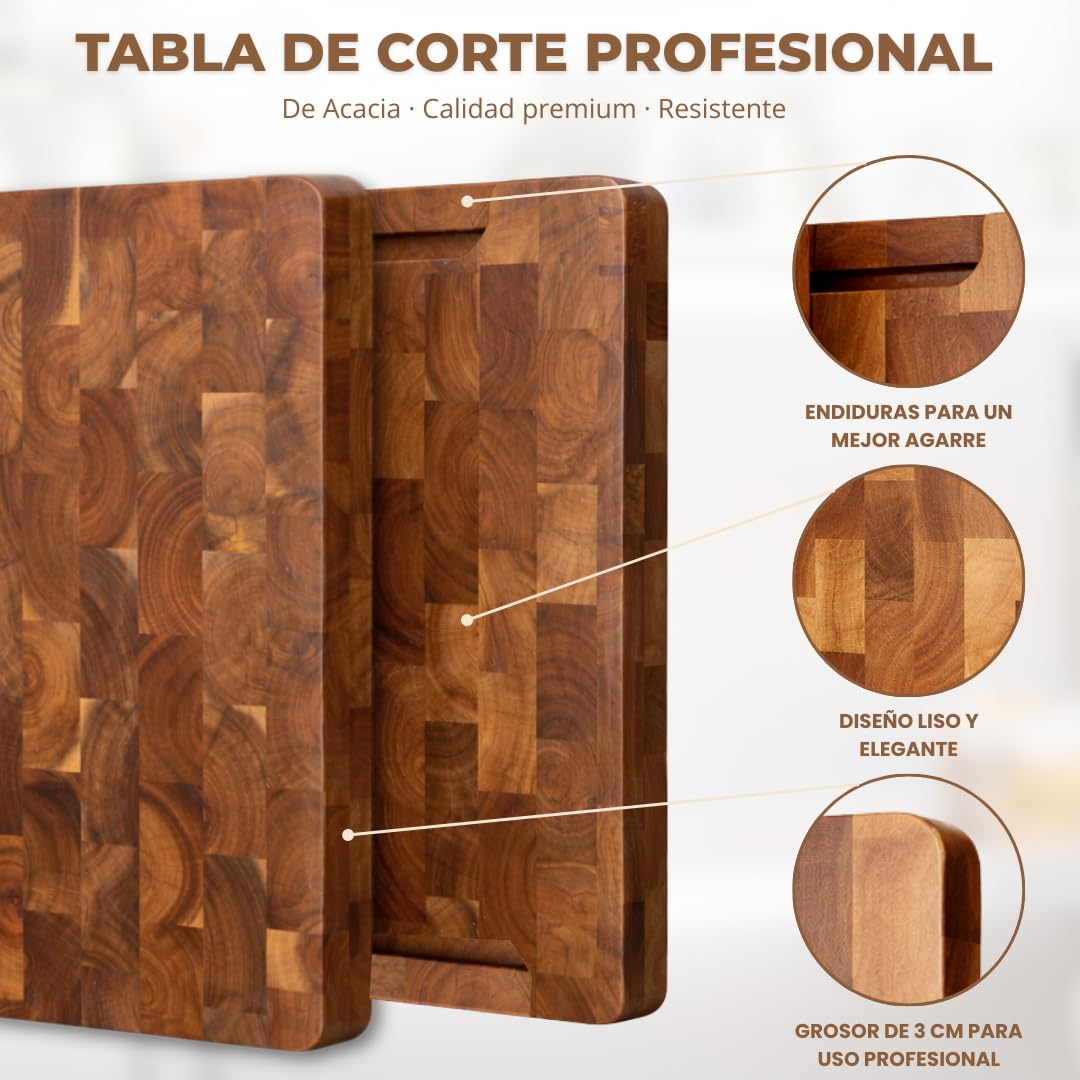 Tabla de Cortar de Madera de Acacia Profesional 36x24x3 cm | Antibacteriana y Resistente | Tabla de Cocina Premium con Asas Laterales | Incluye Delantal Profesional Negro