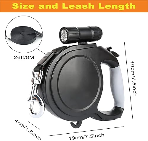Miniatura 6 de Correa retráctil para perro de 26 pies con linterna LED, correa para caminar para mascotas para perros medianos y grandes de hasta 110 libras, botón
