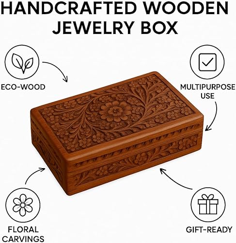 Miniatura 3 de STORE INDYA Caja de madera tallada floral hecha a mano de 8 x 5 pulgadas, multiusos para almacenar joyas, monedas, tarjetas de tarot, cofre del