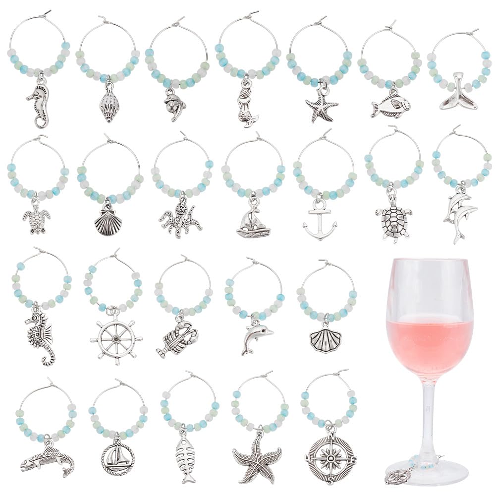 FREEBLOSS 24 Pcs Wine Glass Charms Set Marine Animals Wine Glass Charms Wine Glass Markers Drink Markers Wine Charm Rings Drink Markers Tags Stem Glass Identifiers Wine Themed Party Decorations