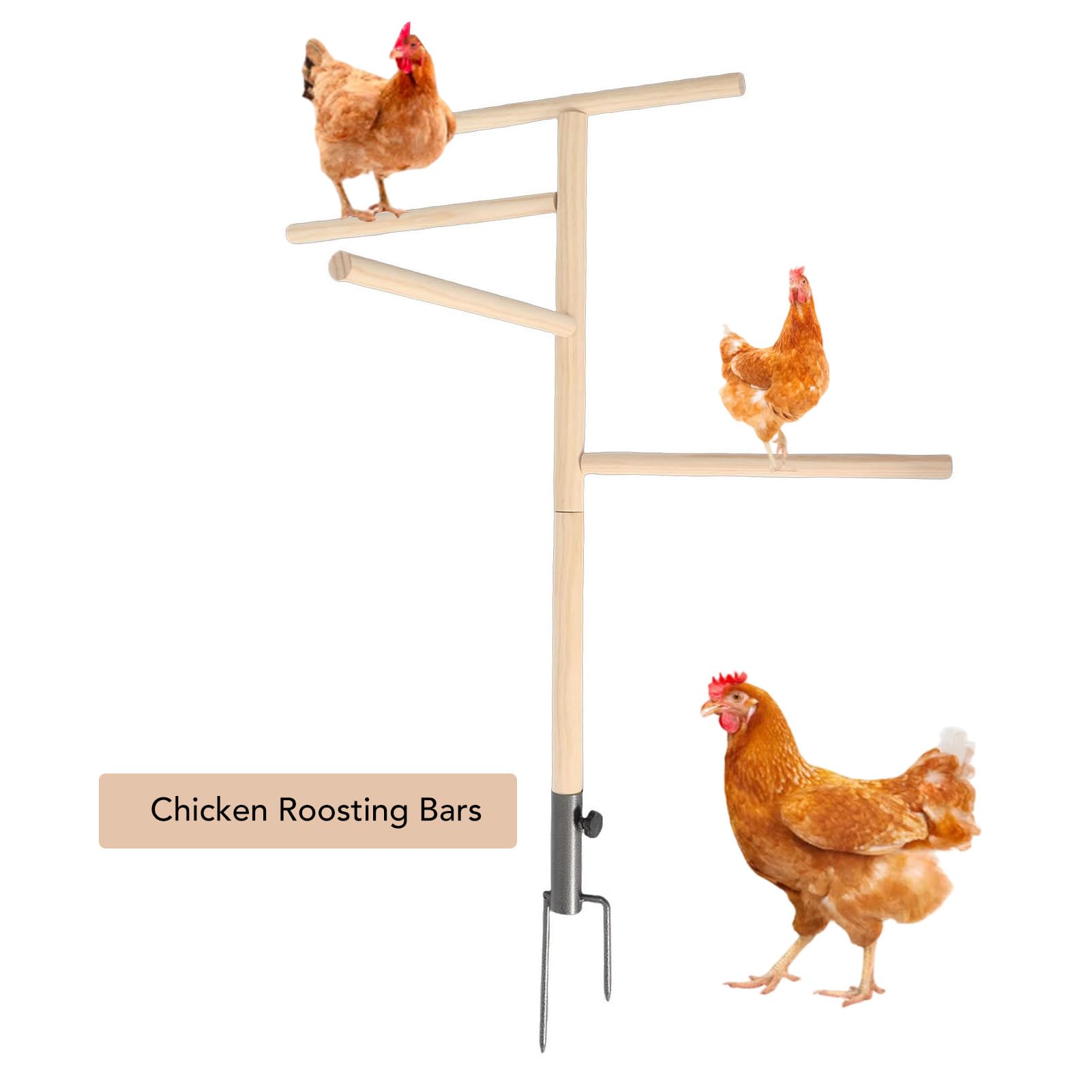 Soporte para Percha de Pollo, Gran Barra de Madera con Estaca para el Suelo, Diseño Espacioso, Soporte para Percha para Pollitos, Juguetes para Múltiples Aves de Corral y Pájaros