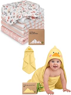 KeaBabies 5-Pack Cotton Baby Washcloths for Newborn, Kids and Baby Hooded Towel - Cotton Muslin Soft Wash Cloths, Super Absorbent & Scratch-Free Rag, Hooded Towel for Infant & Toddlers