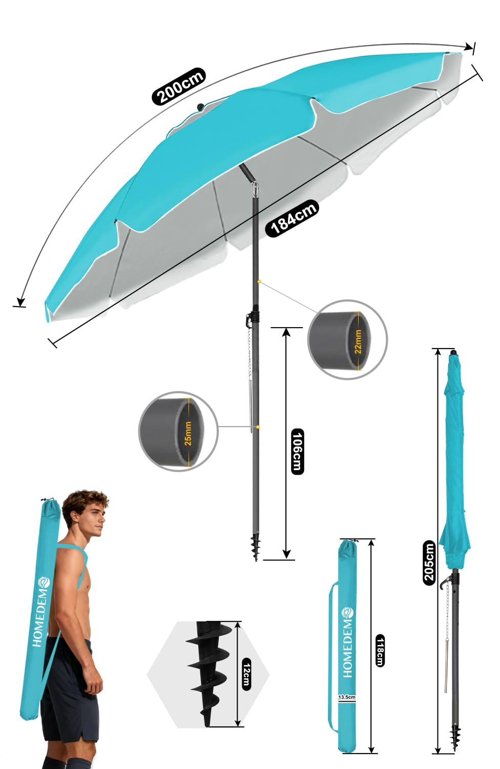 Parasol Plage Inclinable UV50+ 200cm Turquoise HOMEDEMO avec Pied d'Ancrage & Housse