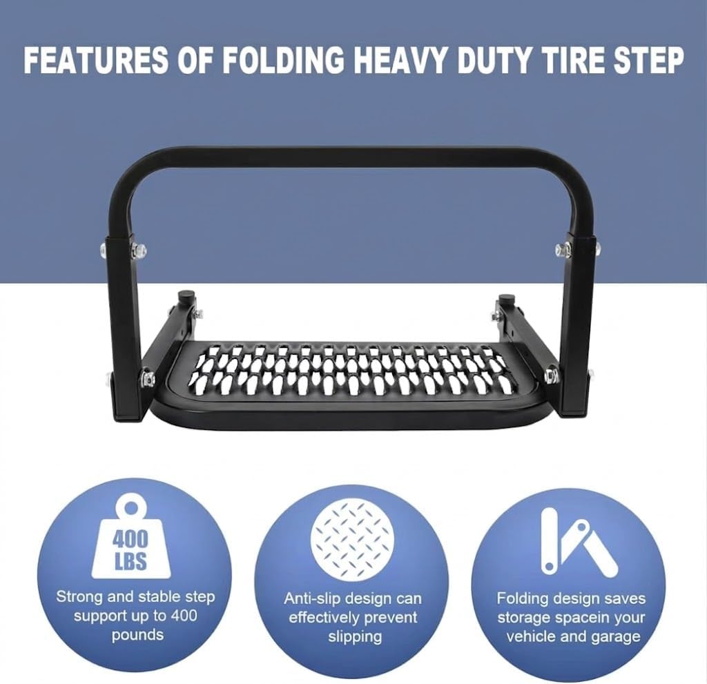Adjustable Tire Step for 2019-2025 2026 Ram 2500/3500, Folding Wheel Ladder Mounting Platform Heavy Duty Premium Iron Non-Slip Surface Portable Black