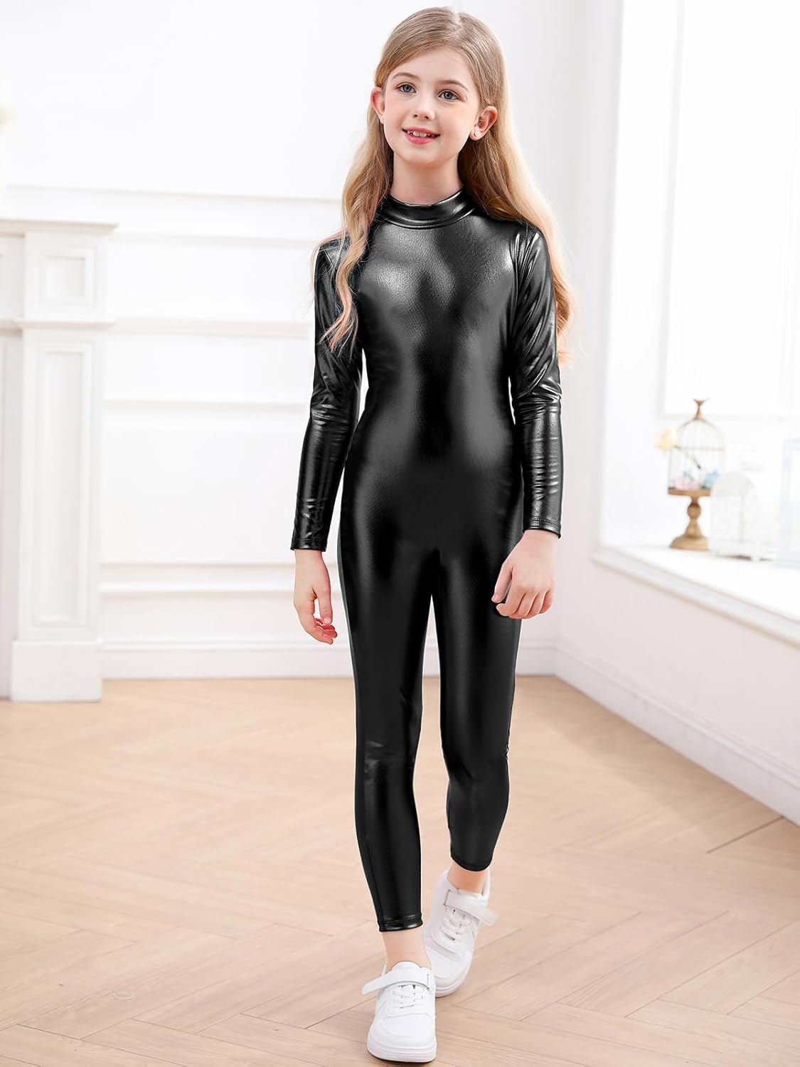 Girls Shiny Metallic Unitard Long Sleeve Leotard Turtleneck Kids Bodysuit for Costume Dance 3-12 Years - Image 3