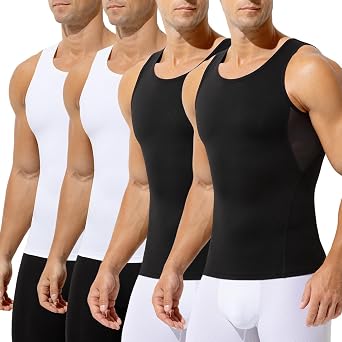 Arjen Kroos Mens Slimming Vest 4 Pack, Tummy Control Compression Shirt, Body Shaper Muscle Tank Top, Workout Shapewear