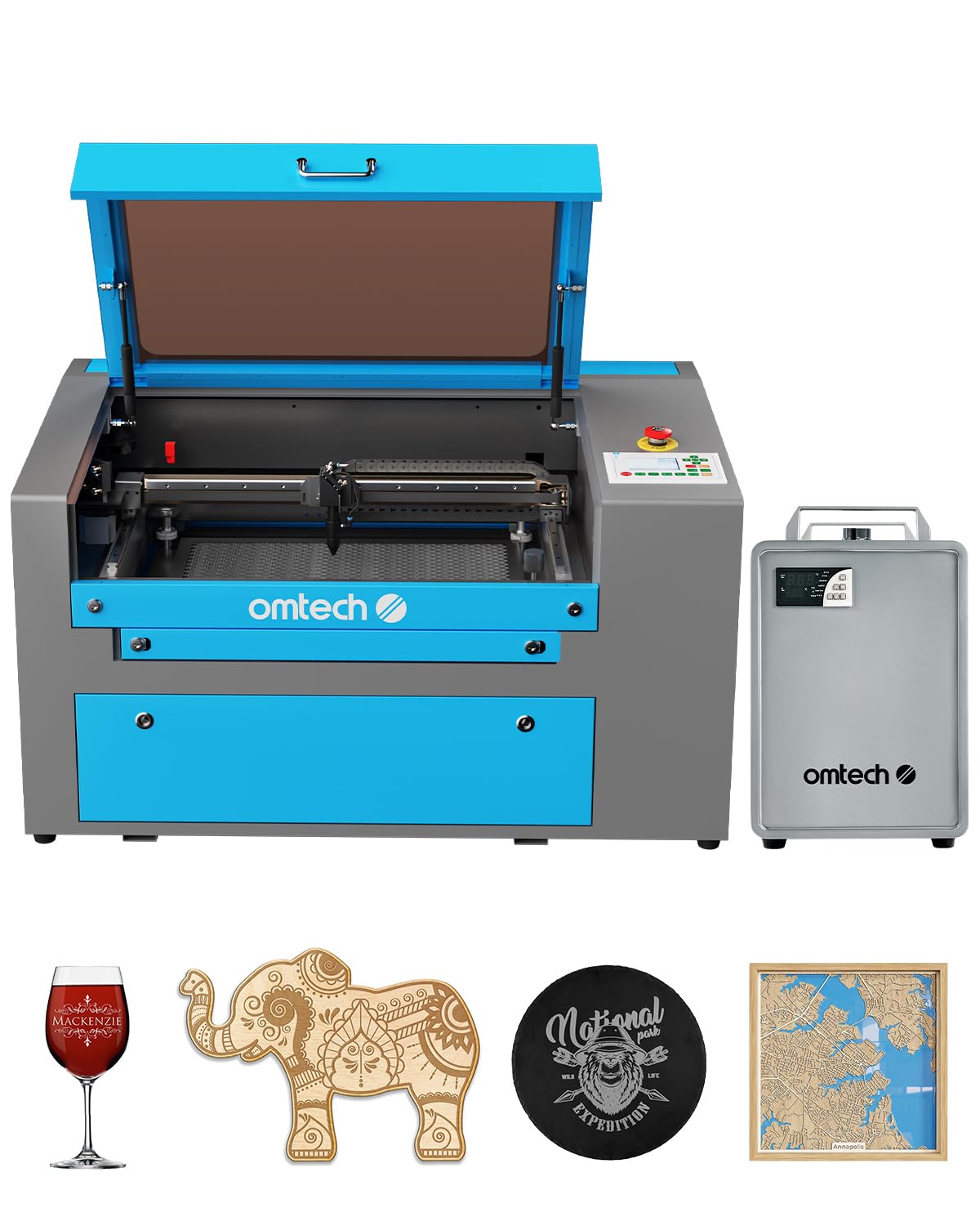 OMTech 90W CO2 Laser Engraver with LightBurn and Water Chiller, 20"x28" Laser Engraving Cutting Machine with Autolift 4 Way Pass Air Assist,