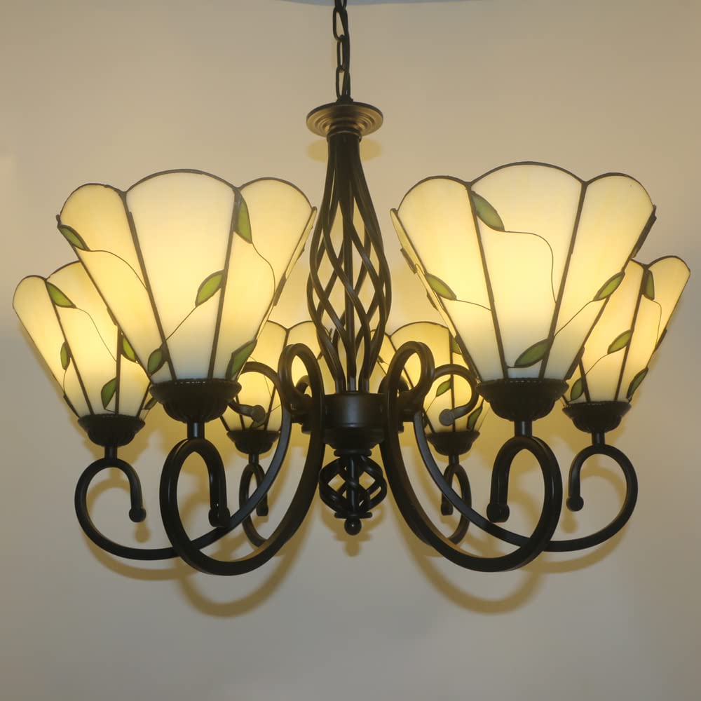 Skyweel Tiffany Style Chandeliers Leaf Pendent Light Vintage Stained Glass Ceiling Light Lighting Fixtures 6-Lamps (6-Lights Leaf)