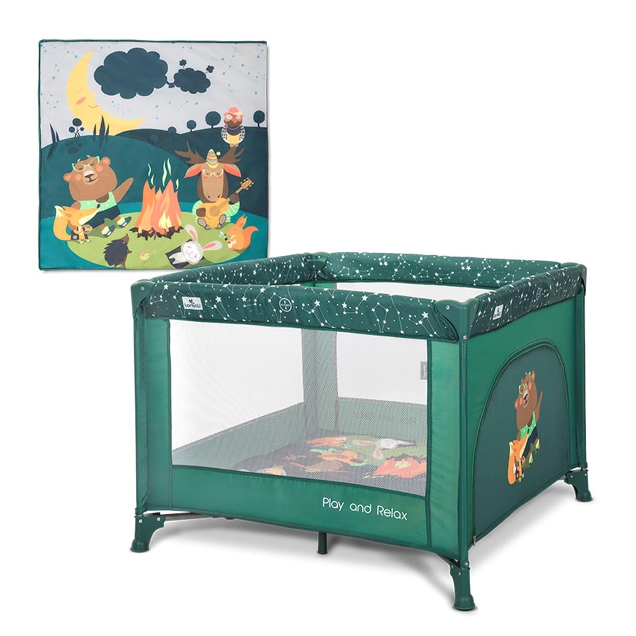 Lorelli Baby Laufstall, Playpen Play and Relax, Weicher Faltboden, kleiner Laufgitter 100x100 cm, Absperrgitter mit atmungsaktivem Netz und Reißverschlusstür, faltbarer Krabbelgitter, Grün