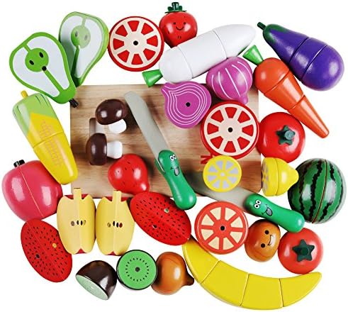 QZMTOY Wooden Cutting Cooking Food Sets with Magnetic Fruit Vegetables Pretend Food Kitchen Playset, Early Educational Development, Learning Gift for Toddler Boys Girls 2, 3, 4, 5, 6 Years Old