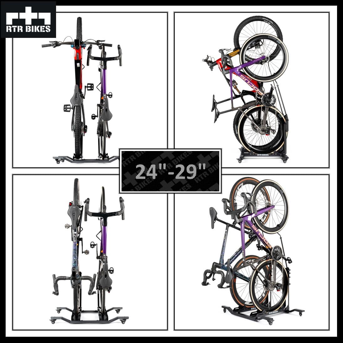 RTR BIKES Double Up Support Vélo Sol Vertical pour 2 Vélos - Râtelier Mobile sur Roulettes - Charge 60kg (2x30kg) idéal VTT & VAE - Gain de Place 0,5m² - Sans Perçage - Made in EU
