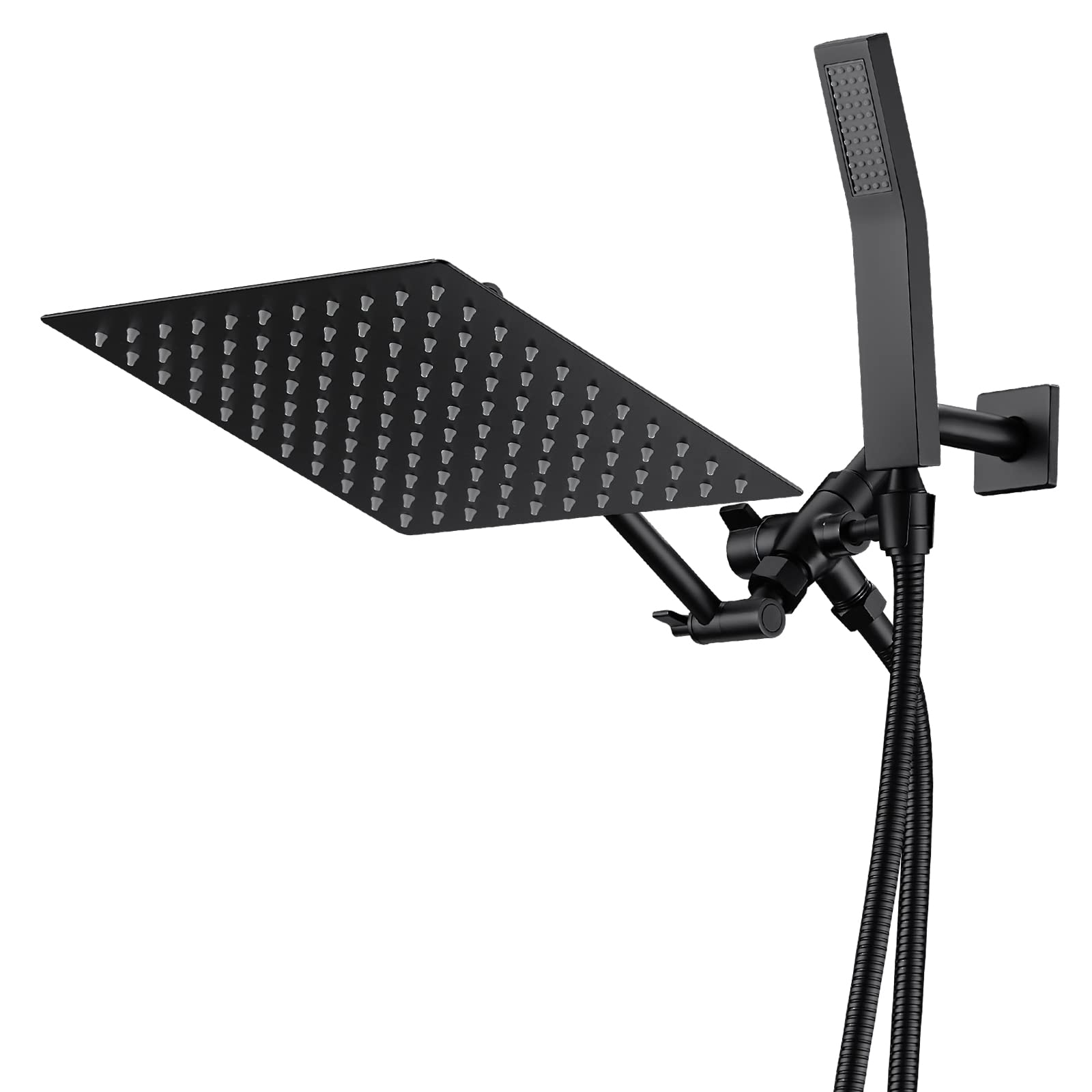 Psylc 12 Inch All Metal Rain Shower Head With Handheld, High Pressure Dual Shower Head Combo With Adjustable Extension Arm, 80" Flexible Hose, 3-Way Diverter - Height/Angle Adjustable(Matte Black)