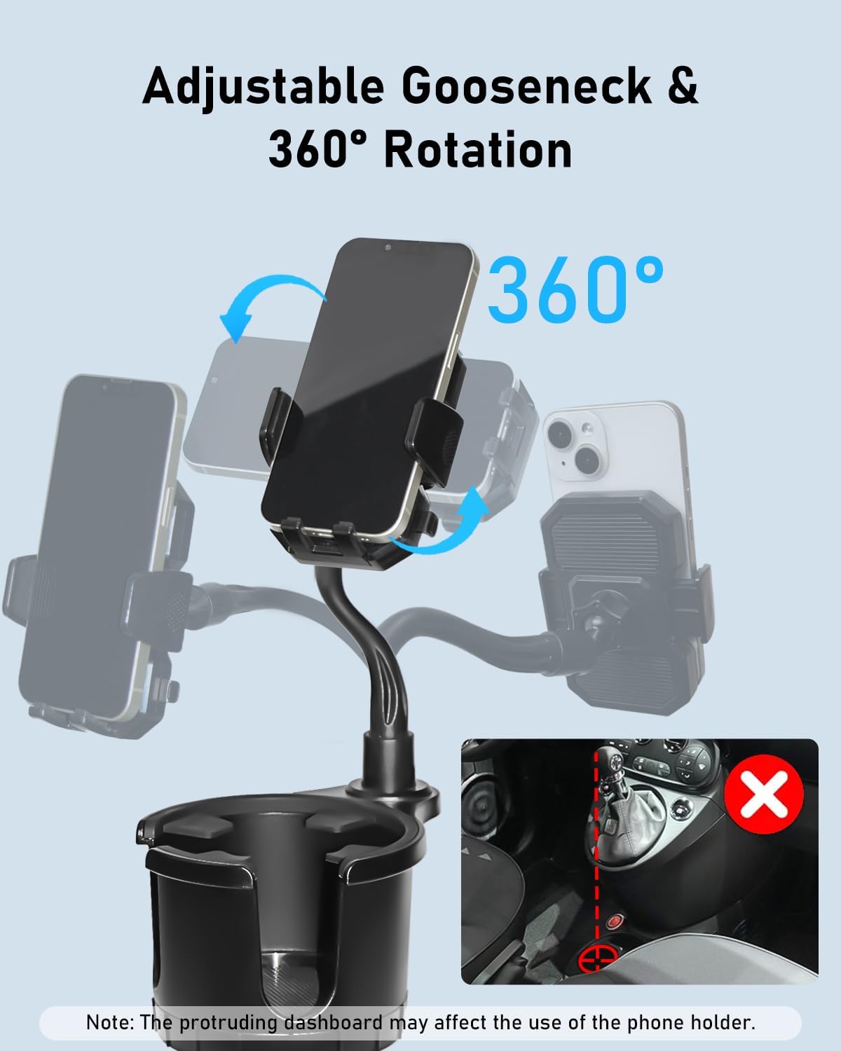 Belinous Car Cup Holder Expander with Phone Holder, 2 in 1 Car Phone Mount & Cup Holder Adapter with Adjustable 360° Rotation Gooseneck, U-shaped Handle Slot, Fits for iPhone, Samsung, Drinking Bottle - Image 2