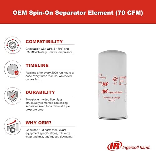 Miniatura 3 de Ingersoll-Rand 24121212 - Elemento separador giratorio OEM (70 CFM) para compresor rotativo UP6 5-15 y R4-11, color blanco