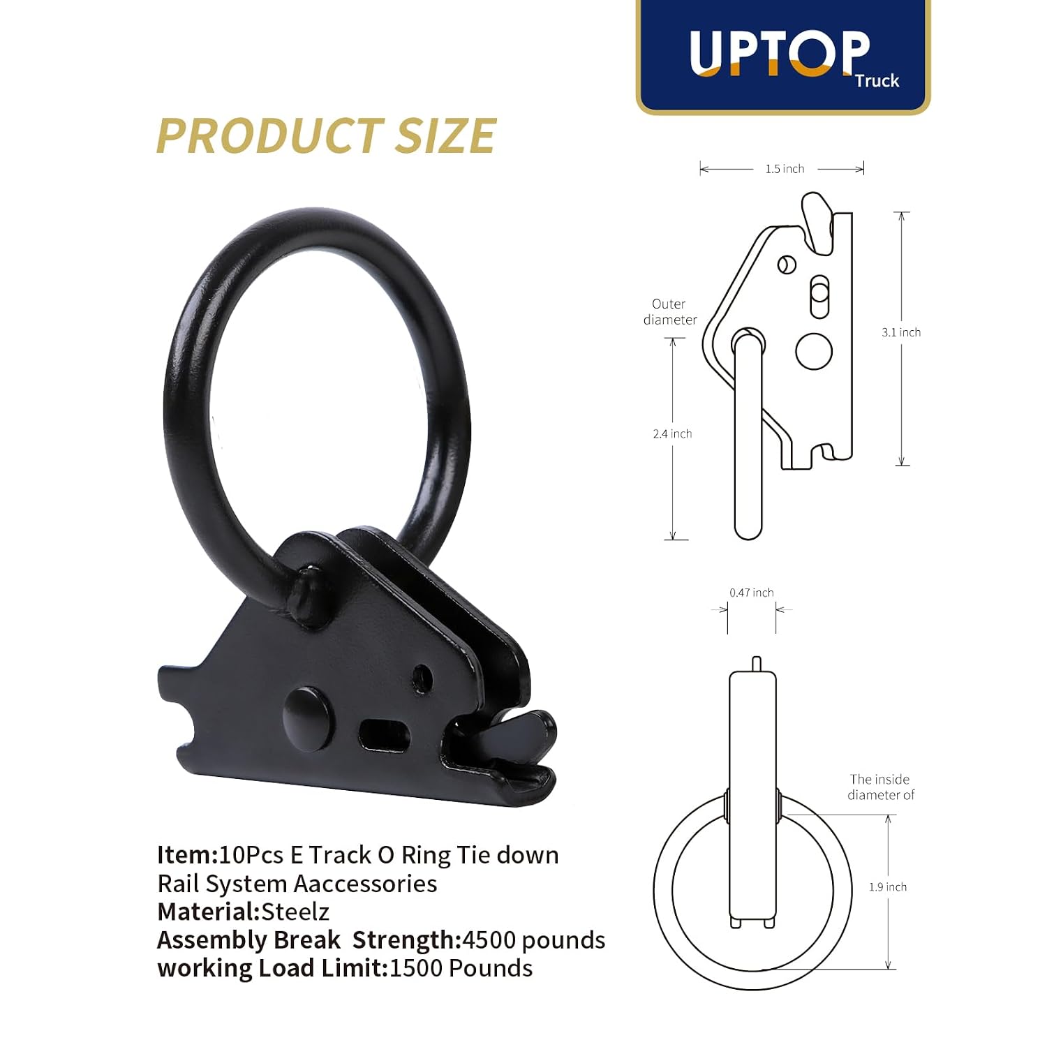 UPTOP Heavy-Duty Steel O-Ring 4500Lbs Break Strength - E Track Accessories Tie-Down Anchors for E-Track Tie-Down System，Secure Motorcycles, Cargo Loads, Bikes in Trailers, Pickups, Vans, Trucks 10PCS