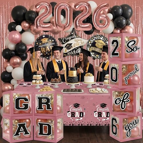 Image of Black and Pink Graduation Decorations Class of 2026 - Graduation Balloon Boxes, Balloon Arch Garland Kit, Fringe Curtains, Party Decorations 2026 for Any Grades