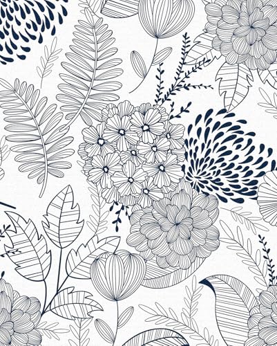 ICYEHAO Papel Pintado Flores Azul, 44 x 300 cm Papel Pintado Azul Flores Hojas Plantas Bohemio Vinilo Adhesivo para Muebles,Armarios,Libreria,Sala de Estar, Dormitorio,Baño