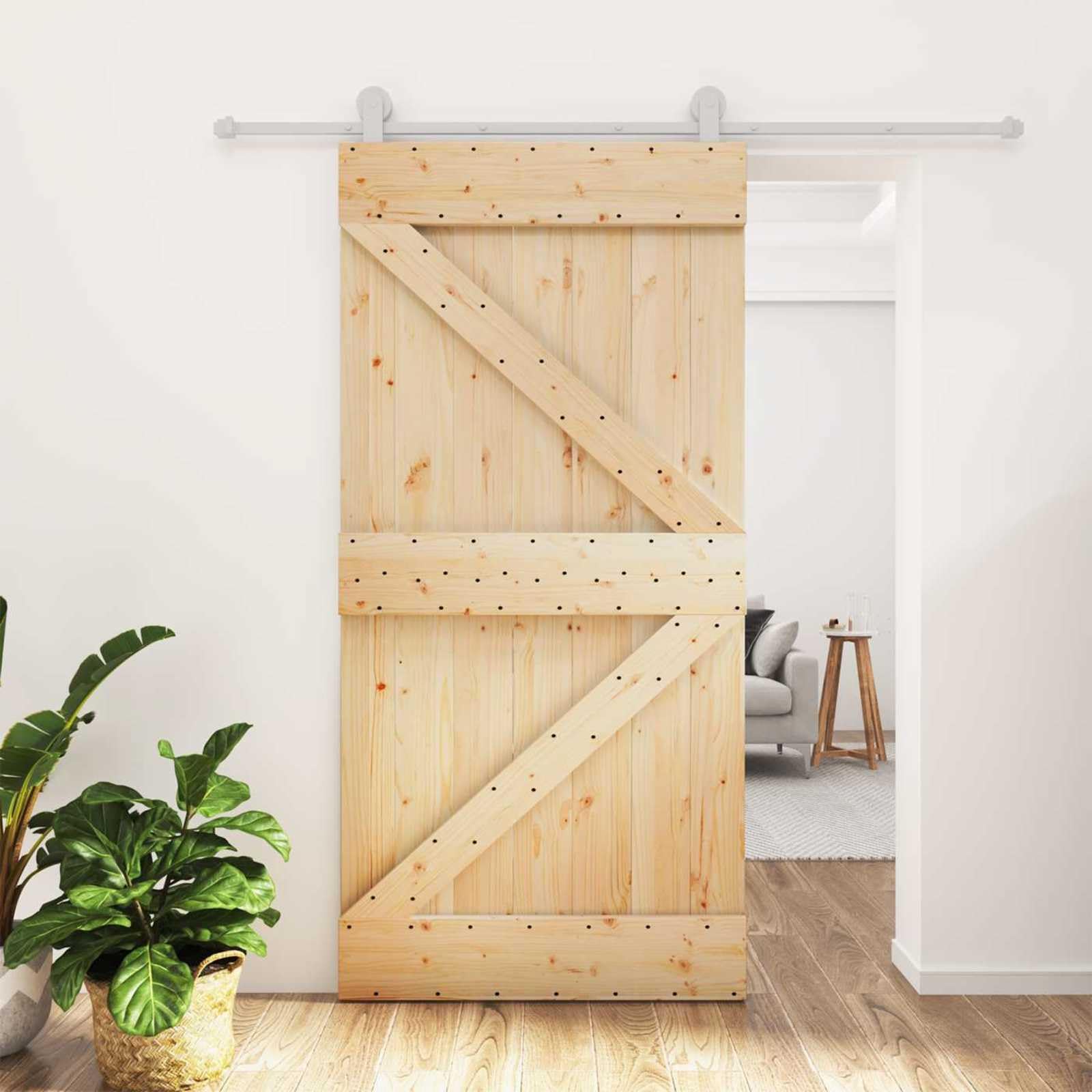 Drzwi przesuwne z litego drewna sosnowego, naturalnie białe, 100 x 210 cm, z malowaną proszkowo stalową szyną, oszczędzają miejsce, do wnętrz, przejścia mieszkania, łazienki, kuchni