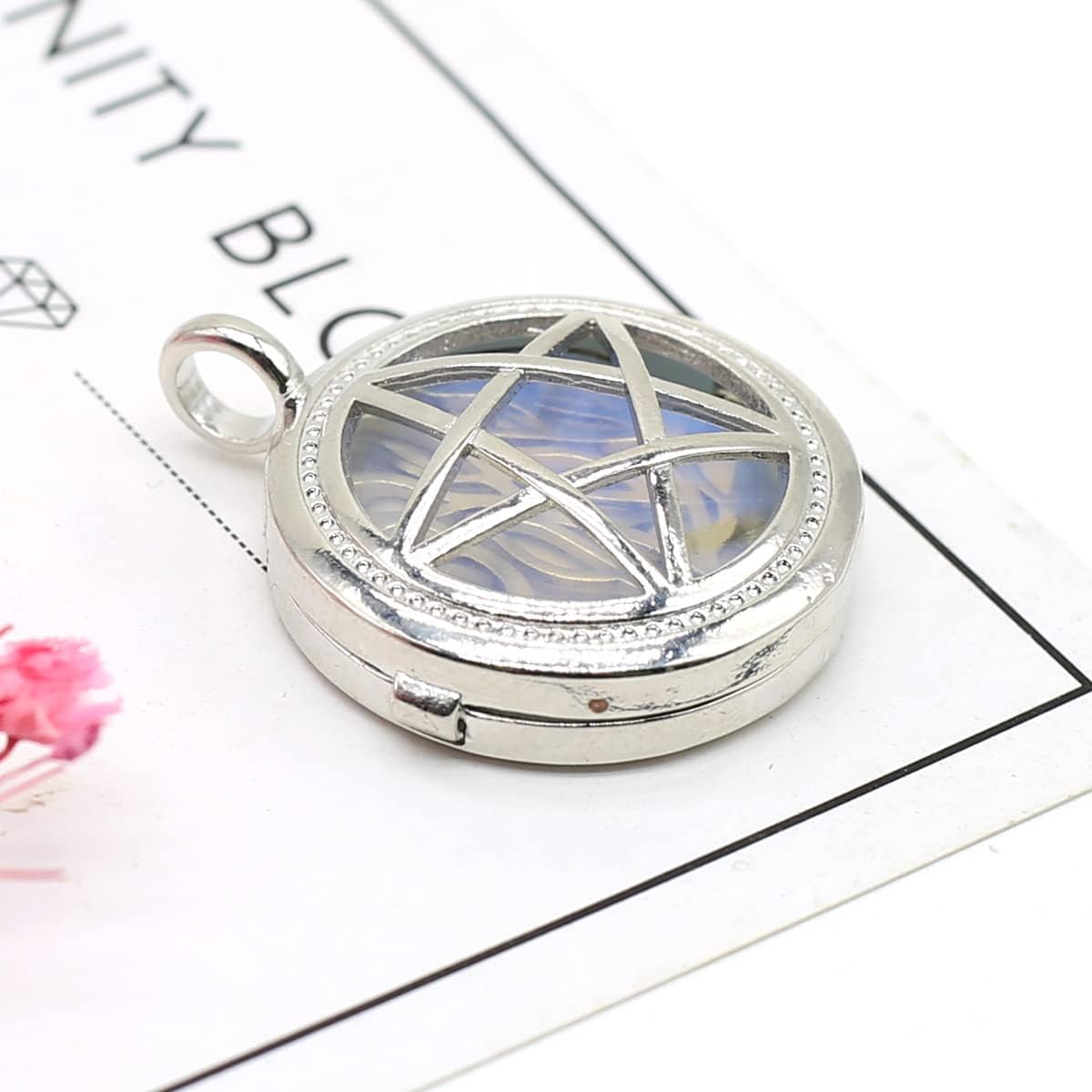 LHJ 5 Pcs Natural Stone Pendant Round Shape Chakra Healing Crystal Agate Stone Pentagram Alloy Shield for Jewelry Making Necklace Decoration - Image 5