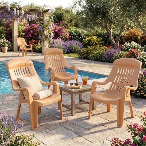 Image of Oaknest Supreme Comfy Relaxing Chair - Ergonomic High-Back Plastic Armchair for Home, Garden, Balcony & Patio | Heavy-Duty, Weather-Resistant & Easy to Clean | Amber Gold | Set of 4