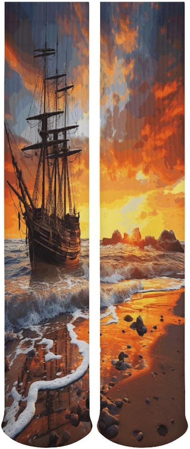 Pirate Ship in The Sunset Knee High Socks Cozy Knee High Socks Soft Mid-Length Sock for All Seasons Daily Wear Adult
