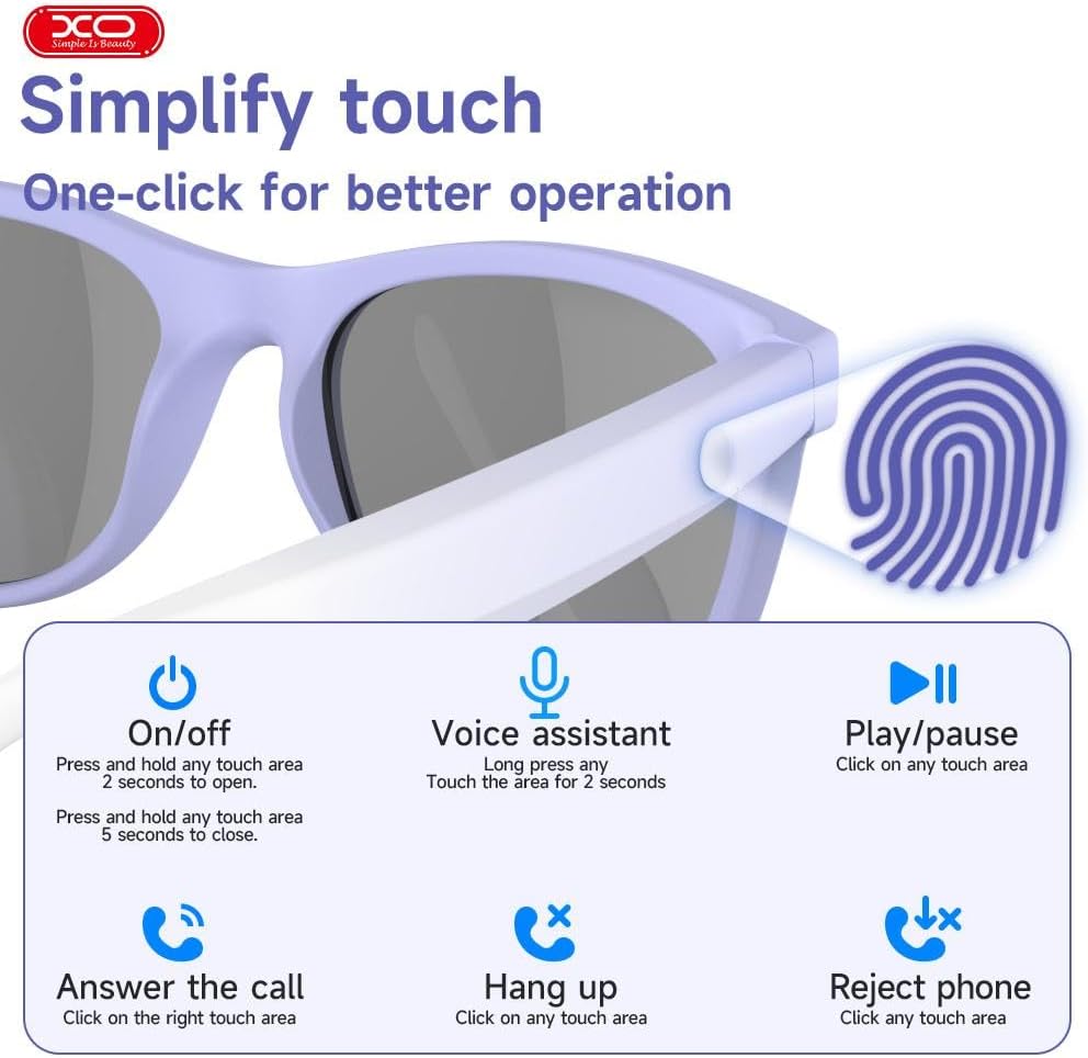 Smart Bluetooth Sunglasses, XO Smart Bluetooth Audio Glasses for Women Men,Athletic/Outdoor UV Protection Riding, Driving,Fishing, Running (Purple)