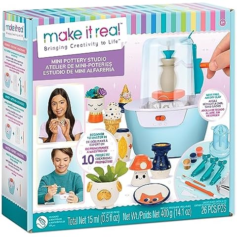 Make It Real Mini Pottery Studio - 26-Piece DIY Pottery Kit with Mess-Free Air Dry Clay - Create 10 Miniature Projects, Beginner to Master Levels - Innovative Centering Tool - Great for Kids Ages 8 Cover
