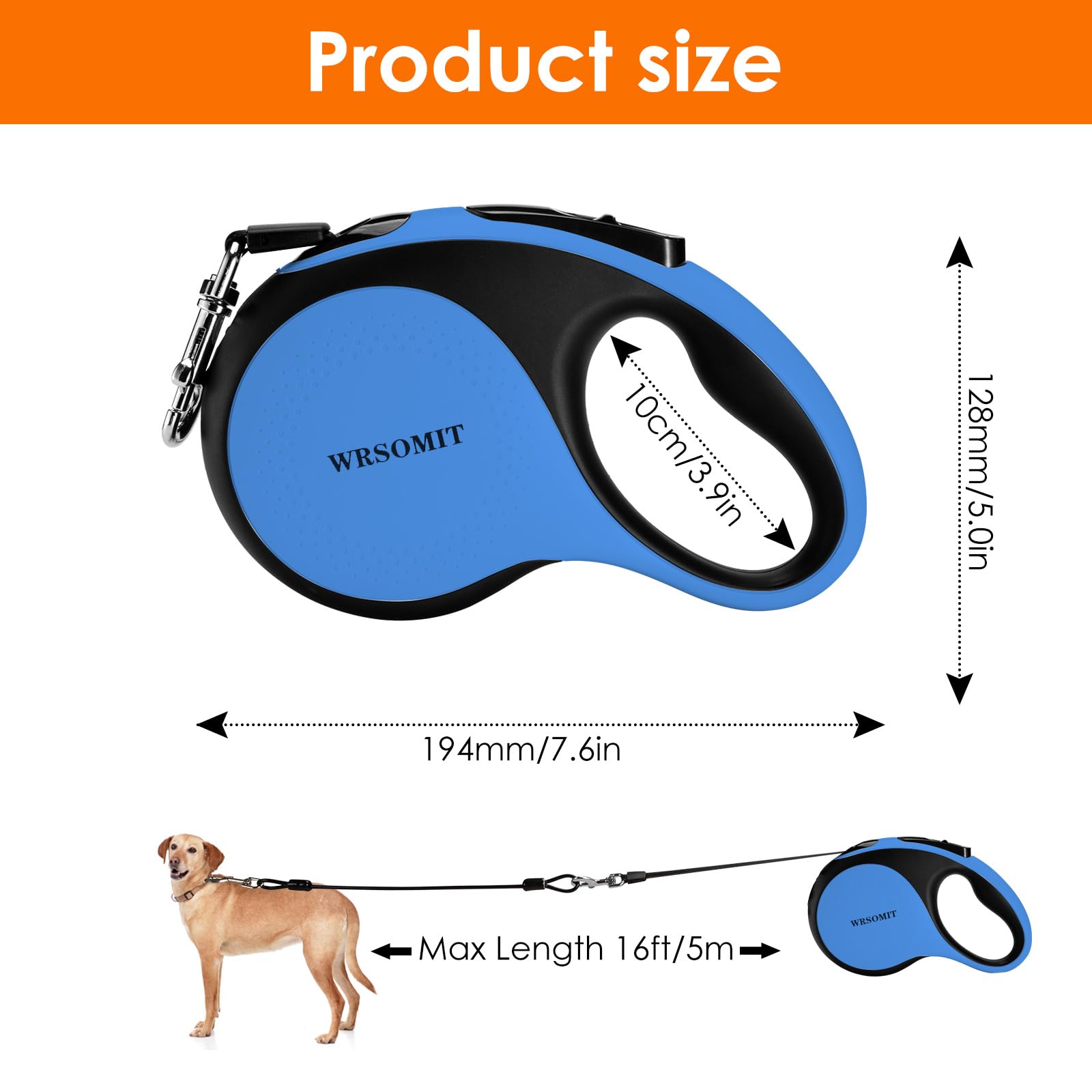 Laisse rétractable pour chien avec câble anti-mastication et lampe de poche LED, 4,8 m – Laisse robuste pour chiens de petite, moyenne et grande taille pesant jusqu'à 50 kg, sans