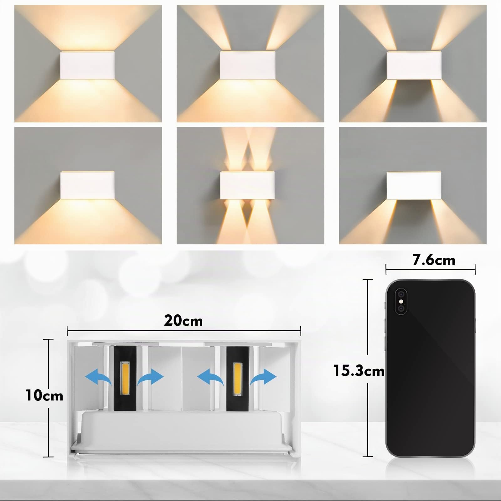 LED Wandleuchte Wandlampe innen aussen, Außenlampe Außenleuchte IP65 Modern Aussenleuchte UP Down Außenwandleuchte Aussenbeleuchtung Einstellbar Lichtstrahl Schlafzimmer Treppenhaus, Weiß