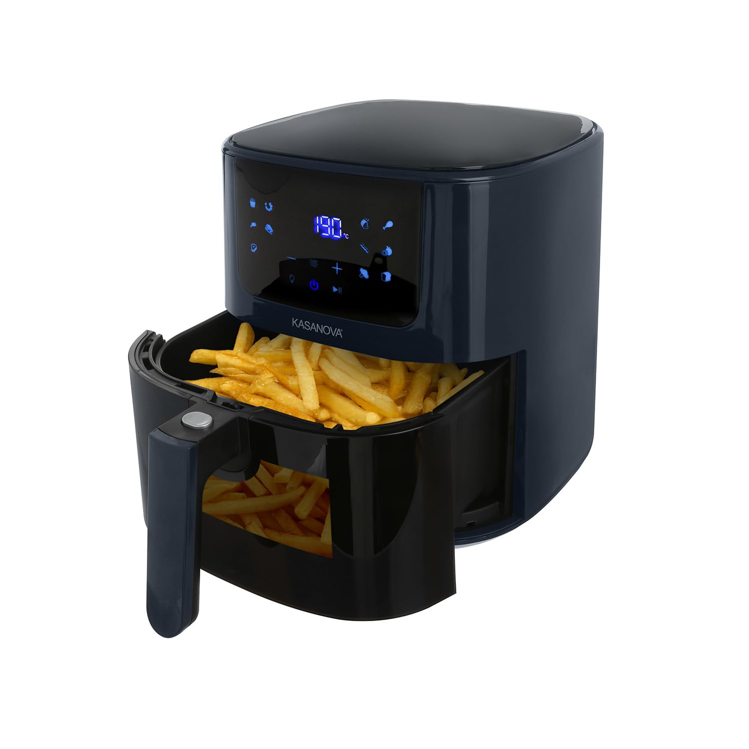 KASANOVA Friggitrice ad aria display digitale 12 programmi, capacità 5 L con finestra trasparente, cottura leggera senza olio e fumo, 1500 W (Blu)