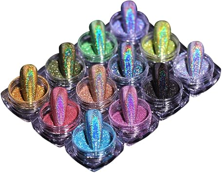 12 Colors Nail Art Glitter Holographic Nail Powder Acrylic Nail Pigment Powder Colors Nail Glitter Powder Dust Gel Nail Polish Powder for Women