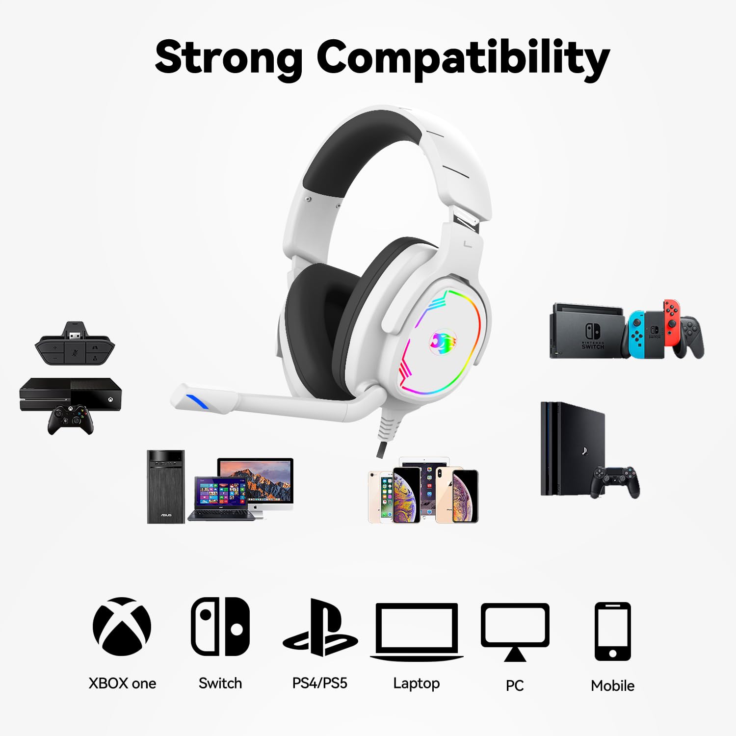 Jimonyer Casque de jeu pour PC/PS4/PS5/Xbox One/Switch, casque de jeu stéréo avec microphone flexible antibruit, casque d'ordinateur avec prise jack 3,5 mm et lumière RVB (blanc)