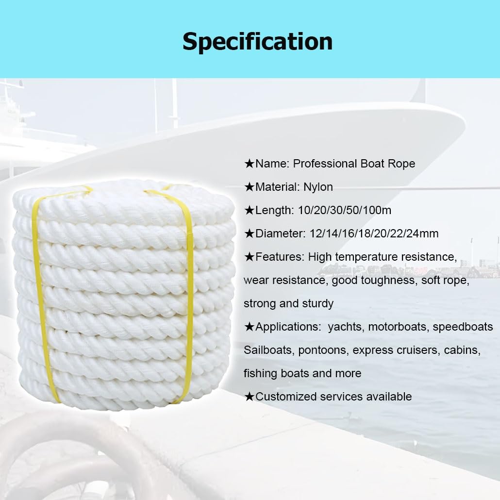 Cime di ancoraggio intrecciate a tre fili da 10/20/30/50/100 m, 12-24 mm, in nylon bianco ad alta resistenza, per yacht, pontoni Express Cruiser, attraccare ormeggio, 22 mm, 100 m