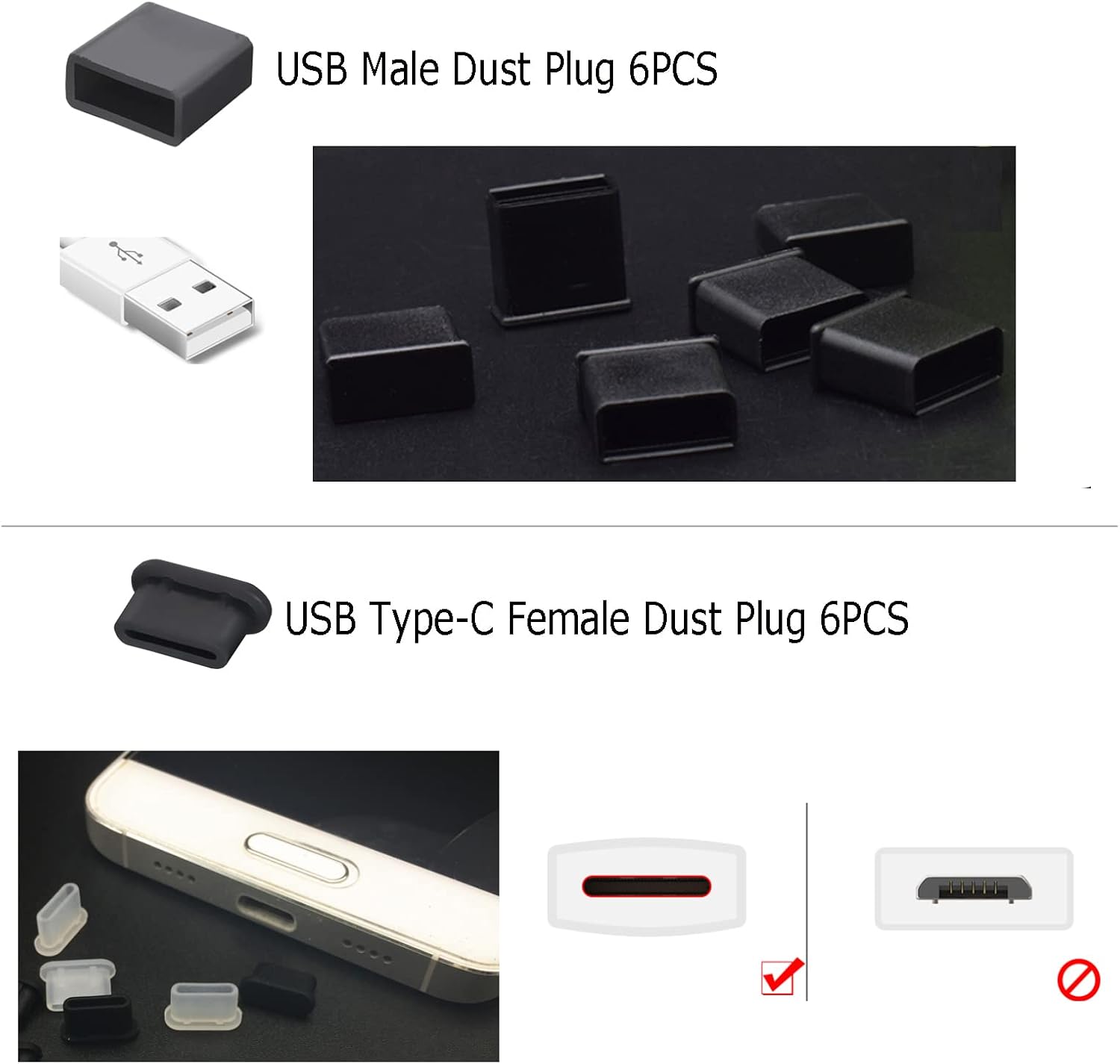 36 PCS 6 Types USB Anti Dust Cover Plugs, USB Type-C Dust Stopper, Silicone Soft Micro USB Cap Port Protector, Anti Dust Cover Protector Plugs Cap for USB A, Micro USB, Type C Ports (36PCS)