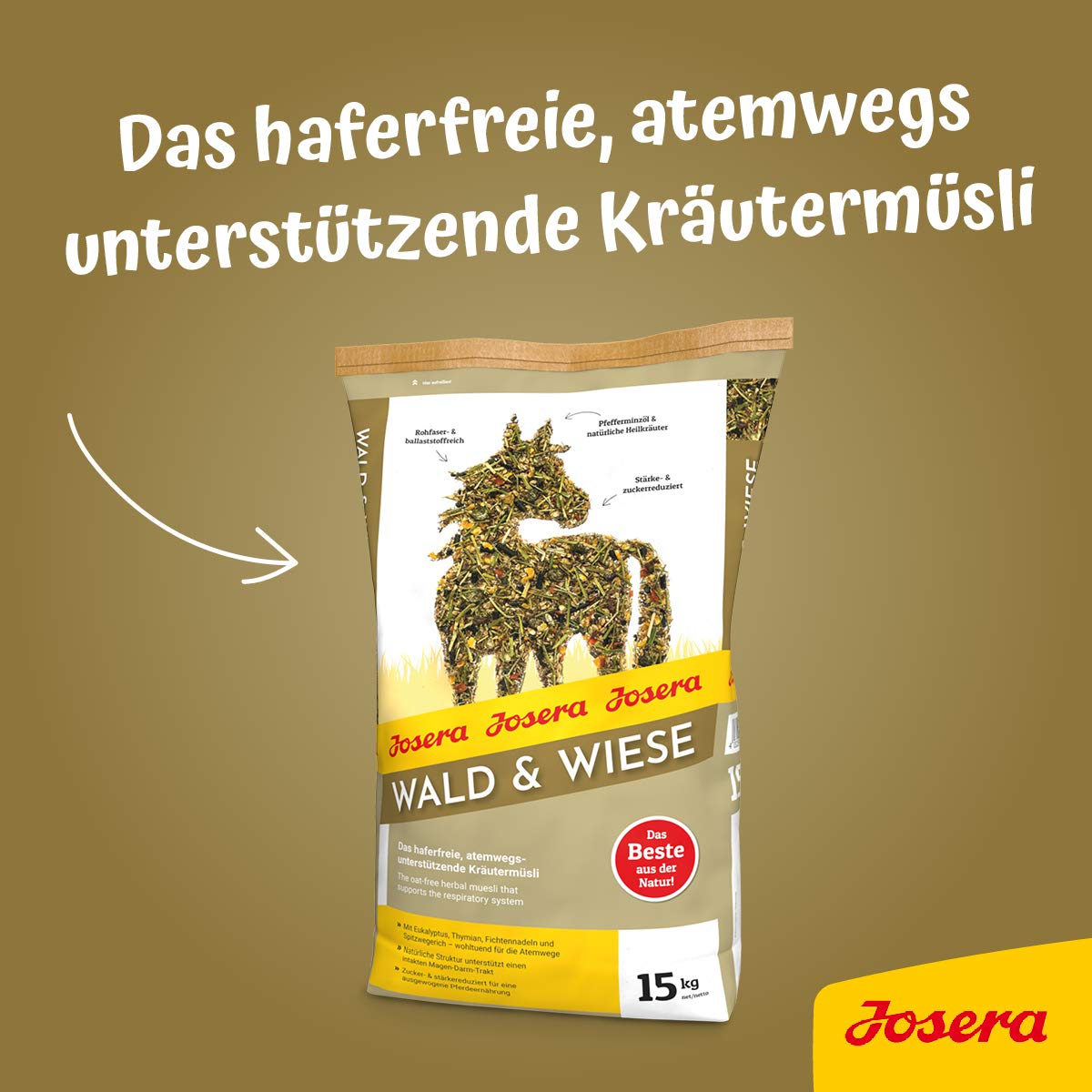 JOSERA Wald & Wiese (1 x 15 kg) | Premium Pferdefutter - das atemwegsunterstützende Kräutermüsli| haferfrei |Stärke- & zuckerreduziert | 1er Pack