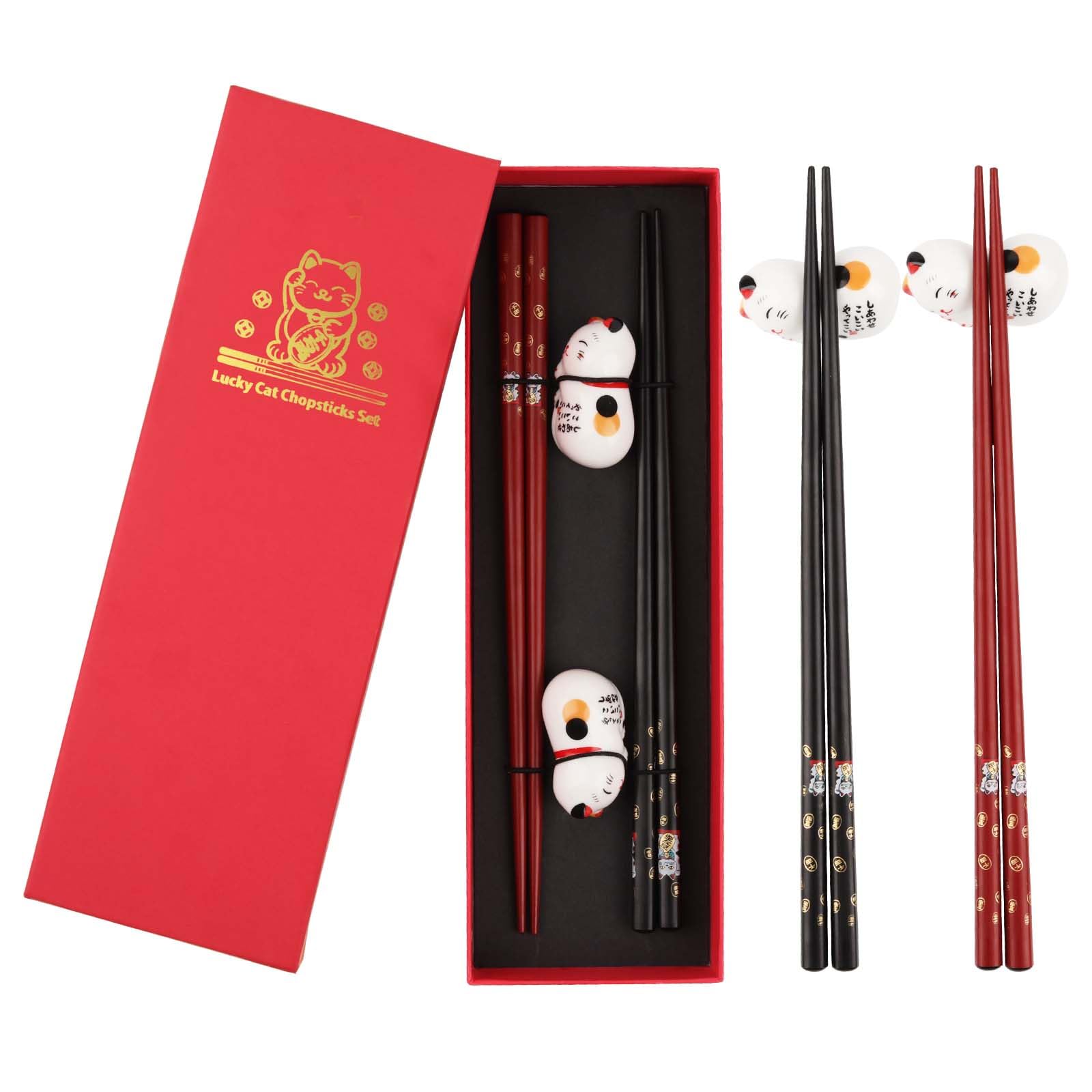 Set di bacchette per sushi con gatto, 2 paia con ceramica, bacchette in legno, riutilizzabili, in confezione regalo, sostenibile, giapponese, cinese, coreano, taiwanese