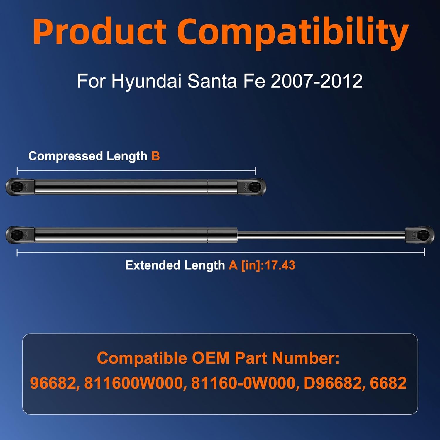 qty (2) 811600w000 hood strut lift support compatible with hyundai santa fe 2007-2012, bonnet gas shock strut replace oe# 96682 81160-0w000