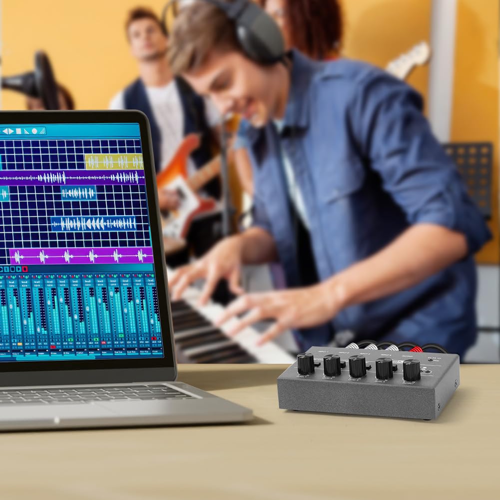 OFFCUP 4-K-Audio-Mixer, ultrakompakter, geräuscharmer Metall-Karaoke-Sound-Mixer mit separater Lautstärkeregelung für Gitarre, Bass, Keyboard, Mikrofon (Grau)