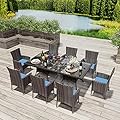 RTDTD 10 Pieces Patio Dining Set Outdoor Rattan Furniture Dinning Set with 2 Square Glass Tabletops 8 Chairs with Navy Blue Cushions for Patio, Backyard Outdoor Kitchen Lawn & Garden