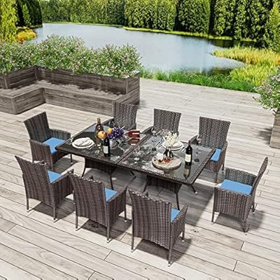 RTDTD 10 Pieces Patio Dining Set Outdoor Rattan Furniture Dinning Set with 2 Square Glass Tabletops 8 Chairs with Navy Blue Cushions for Patio, Backyard Outdoor Kitchen Lawn & Garden