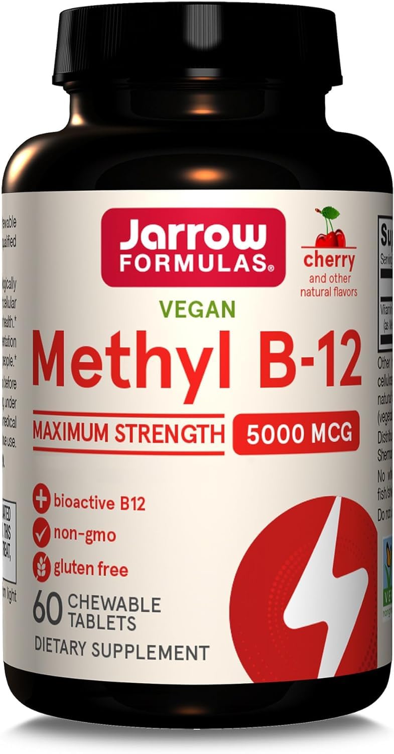 Jarrow Formulas, Methyl B12, 5.000mcg, Depósito de 10 Días, Sabor Cereza, 60 Comprimidos Masticables vegano, Probado en Laboratorio, Sin Gluten, Vegetariano, Sin Soja, Sin OGM