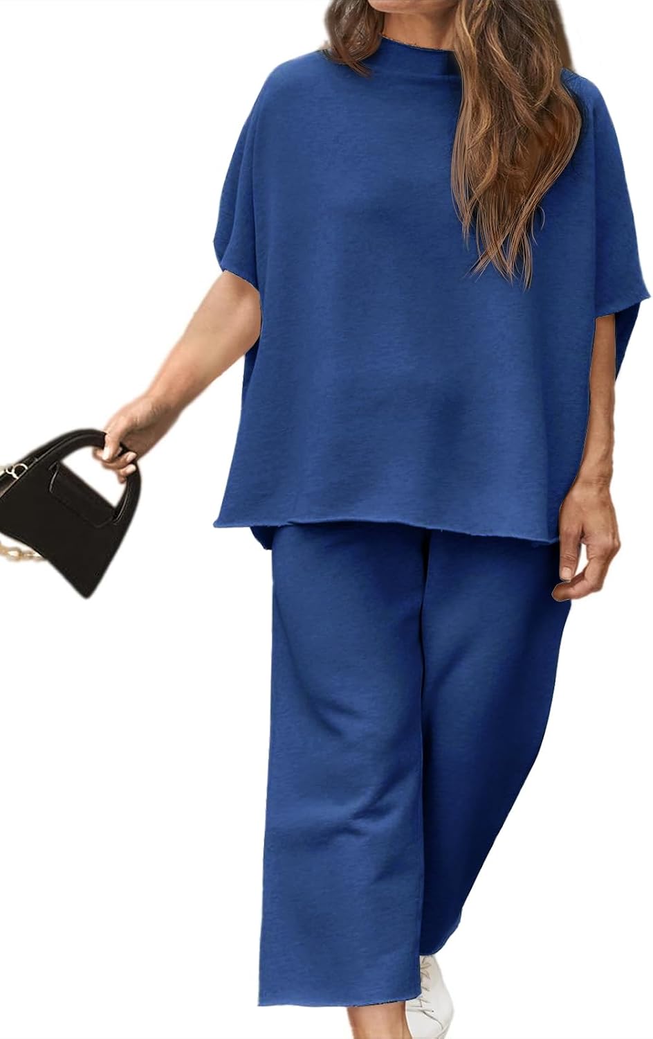 Beautife Women's Plus Size 2 Piece Outfits 3/4 Batwing Sleeve Capelet Crew Neck Pullover Top Wide Leg Pants Lounge Set